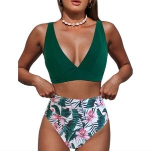 Hilinker Women's Floral Print Bikini Swimsuits V Neck High Waisted 2 Piece